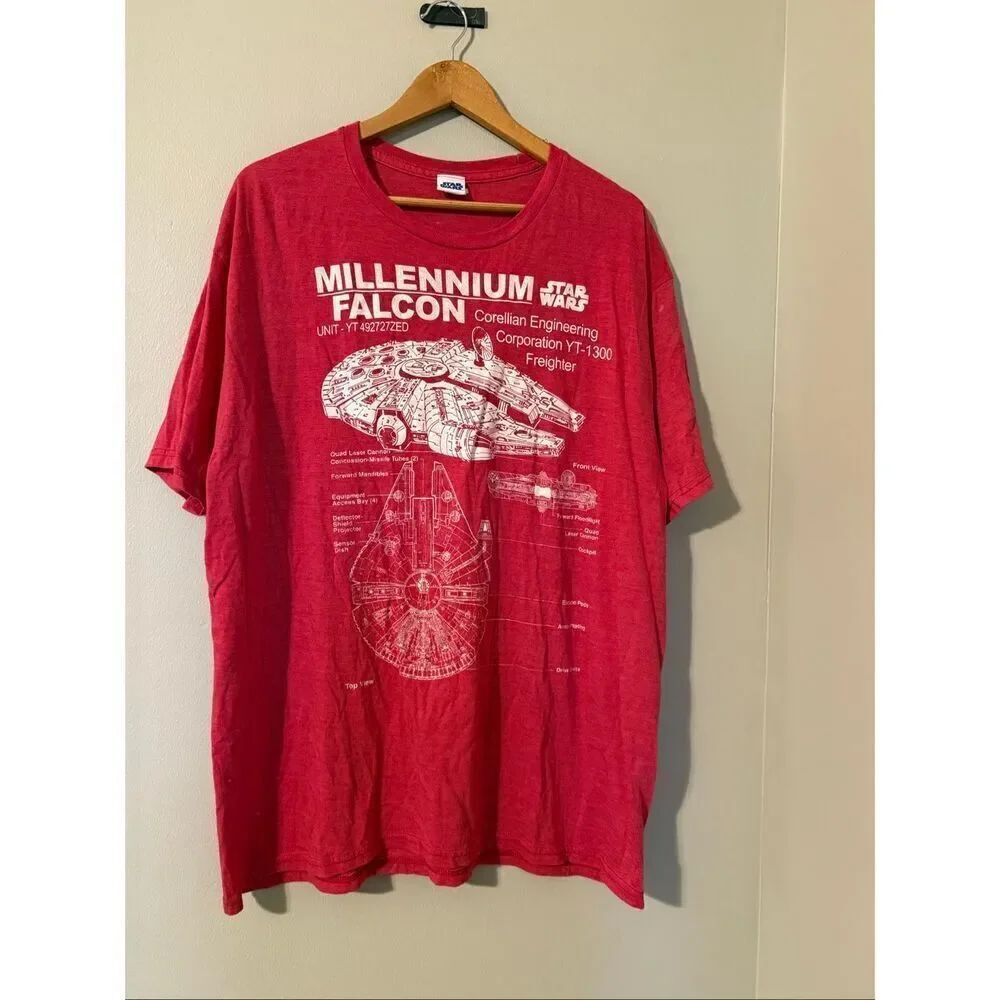Star Wars Mens XXL Millennium Falcon Blueprint Graphic Tee Shirt Red Engineering
